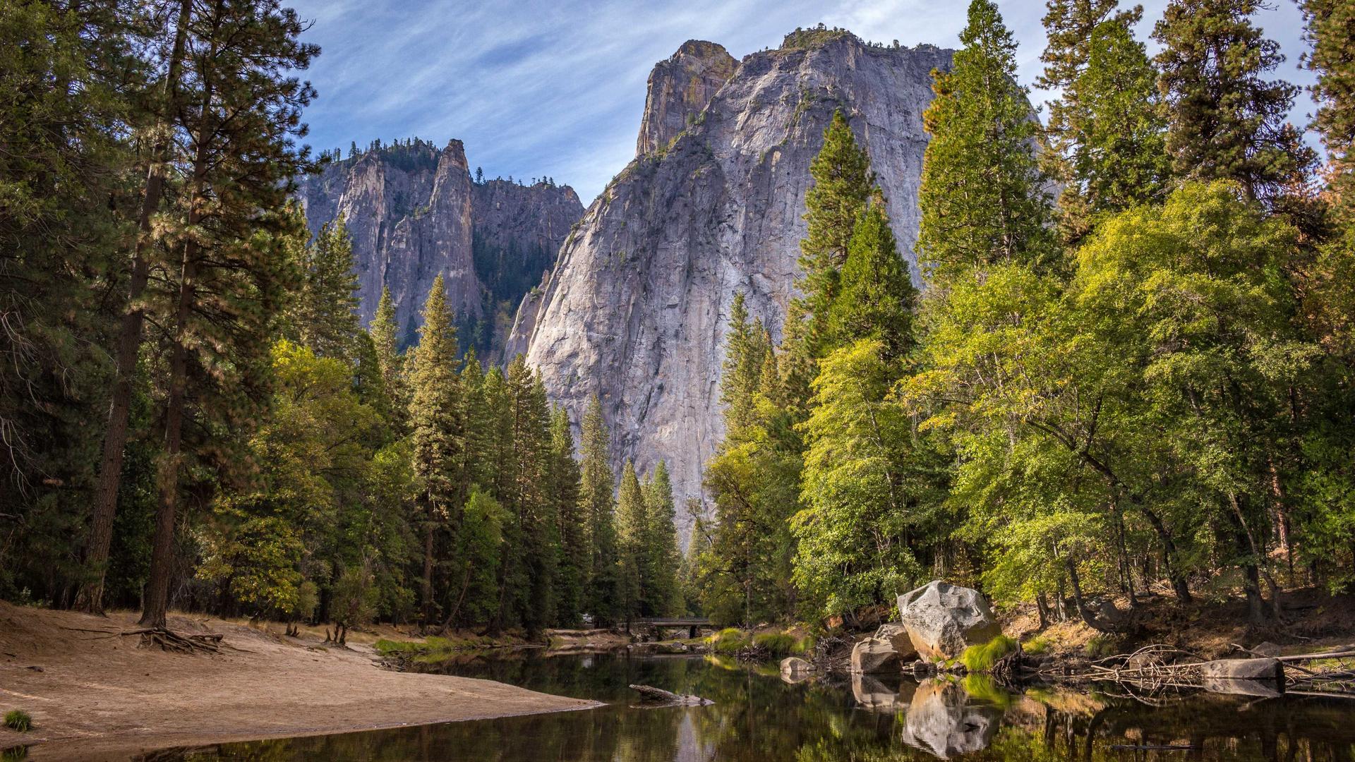 Yosemite cliffs and trees reflected in calm water